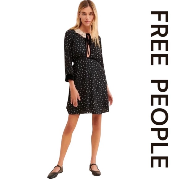 FREE PEOPLE Sweet Delfina Black Lace Collar Mini Dress, Velvet Trim, Size L. - Picture 1 of 13
